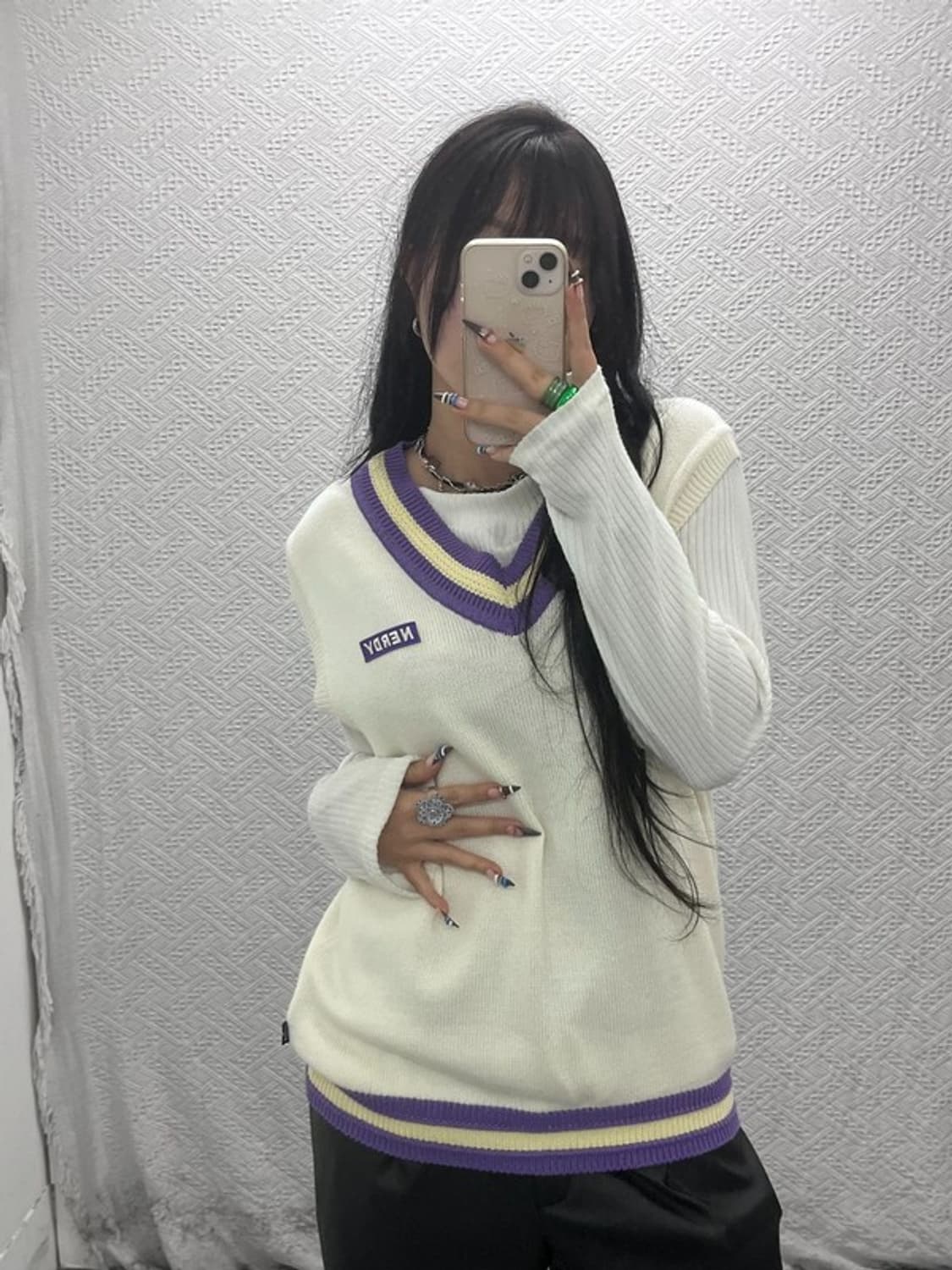 널디 올드스쿨 레트로 배색 브이넥 크림 니트 조끼 S C07958 상품이미지2