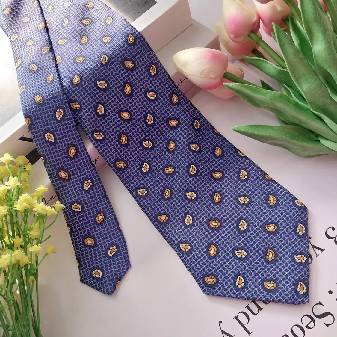 자크 에스티에 실크 블루 리프 패턴 넥타이 9.6cm 새제품 K1335
 상품이미지2