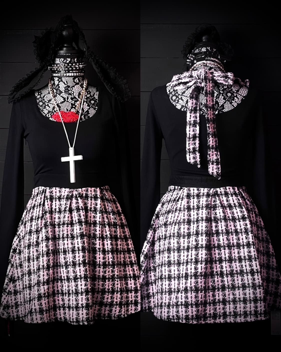 JPN 연핑크 히메갸루 트위드 블랙 리본 원피스 상품이미지1