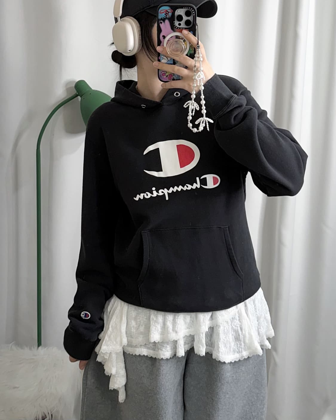 챔피온 블랙 오버핏 후드 티셔츠 상품이미지2