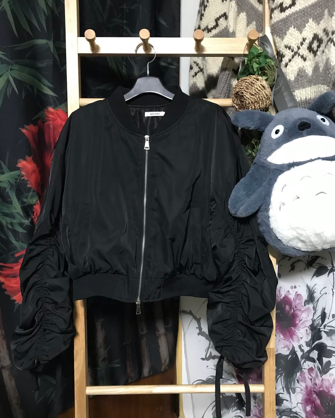 Jp 블랙 셔링 크롭 투웨이 봄버 자켓 상품이미지1