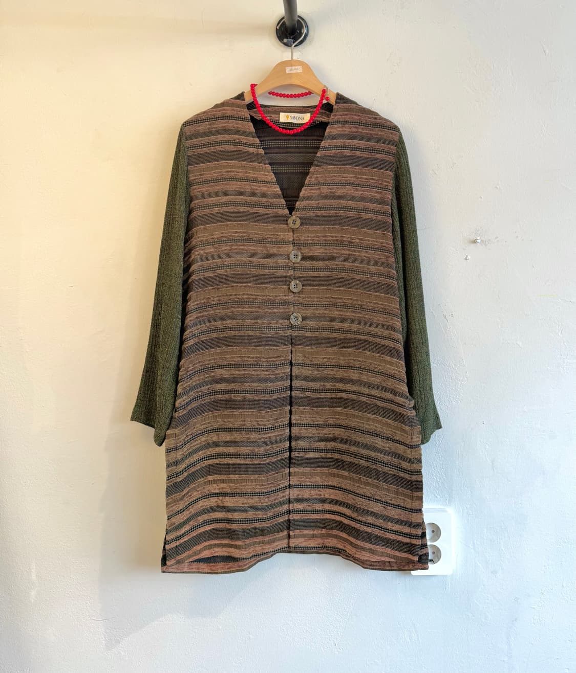 카키 스트라이프 롱 가디건 상품이미지1