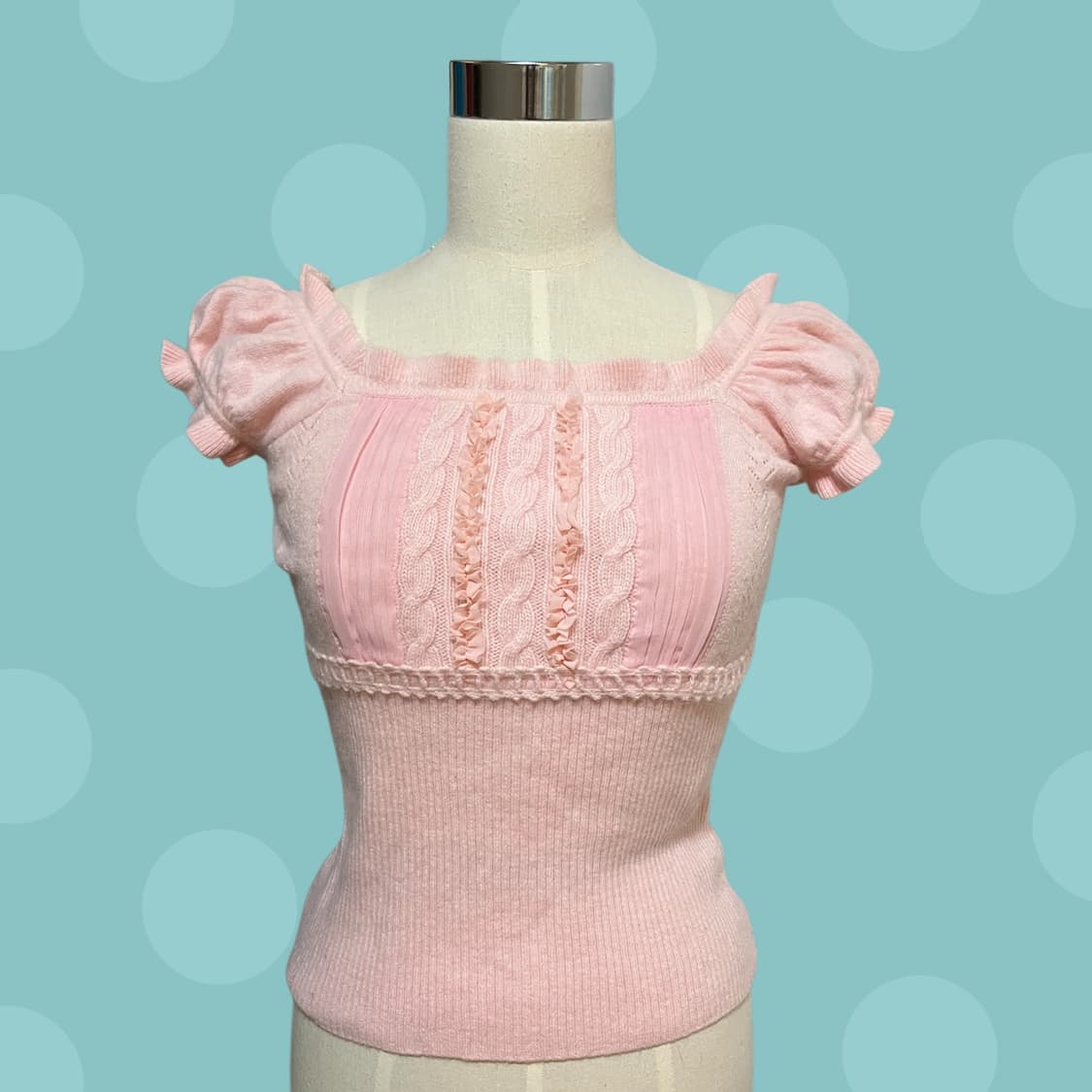 대장 빈티지 연핑크 반소매 퍼프 소매 니트 상품이미지3