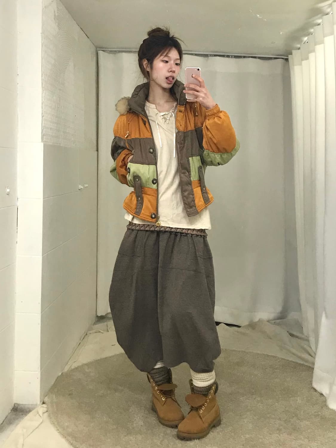 빈티지 오렌지 브라운 패치 패딩 몽골 히피 소녀 코디 세트 상품이미지1