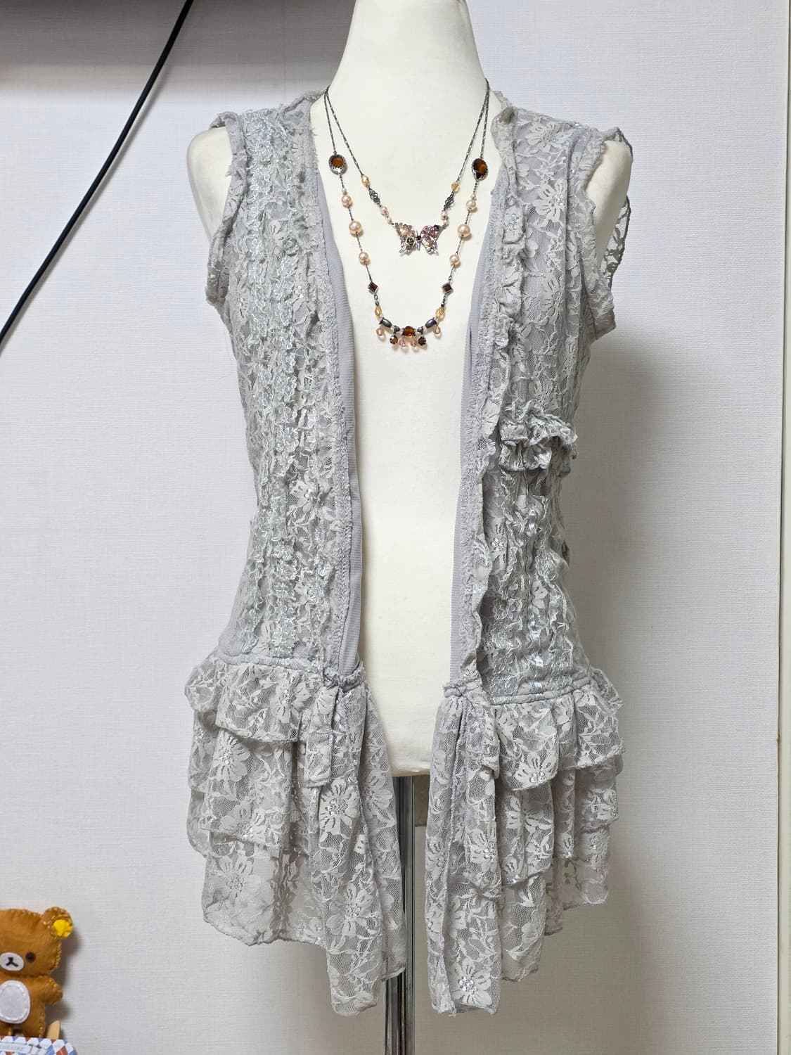 일본빈티지)스즈코 모리걸 y2k 레이스 로맨틱 프릴 레이어드 베스트가디건 상품이미지1