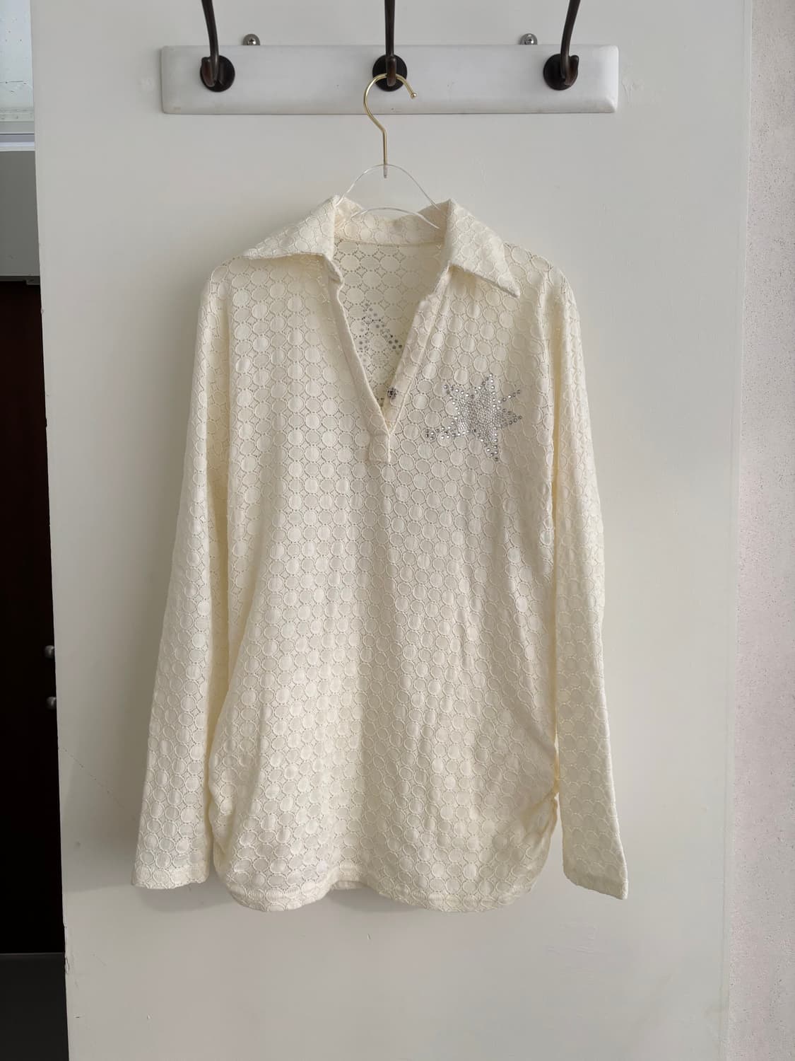 빈티지 아이보리 레이스 별 큐빅 시스루 블라우스 락시크 상품이미지1