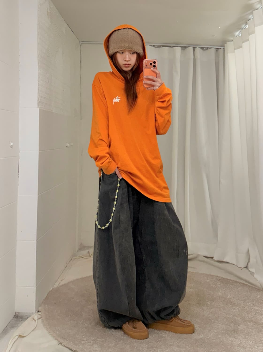 스투시 오렌지 코튼 오버핏 후드티 롱슬리브 상품이미지2