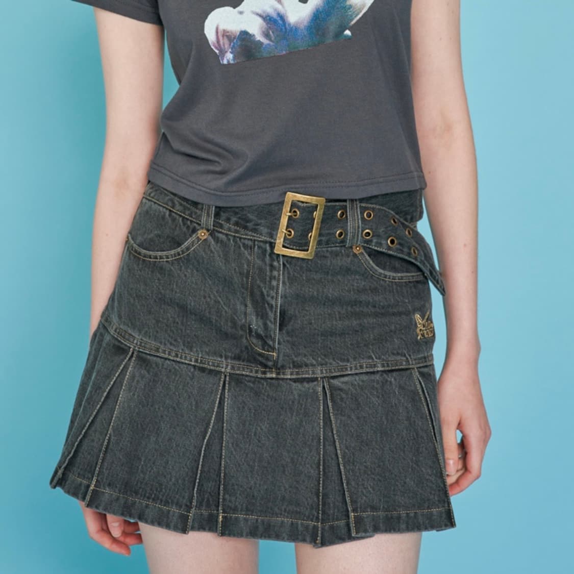 팬시클럽 데님 플리츠 벨트 스커트 상품이미지3