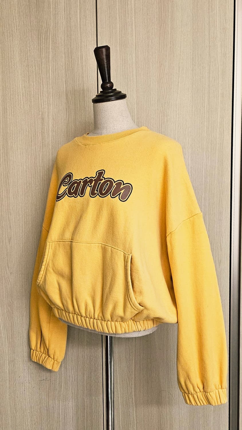 노랑색 귀여운 박시핏 가오리소매 셔링밴드 크롭 기모 맨투맨 44~55 상품이미지3