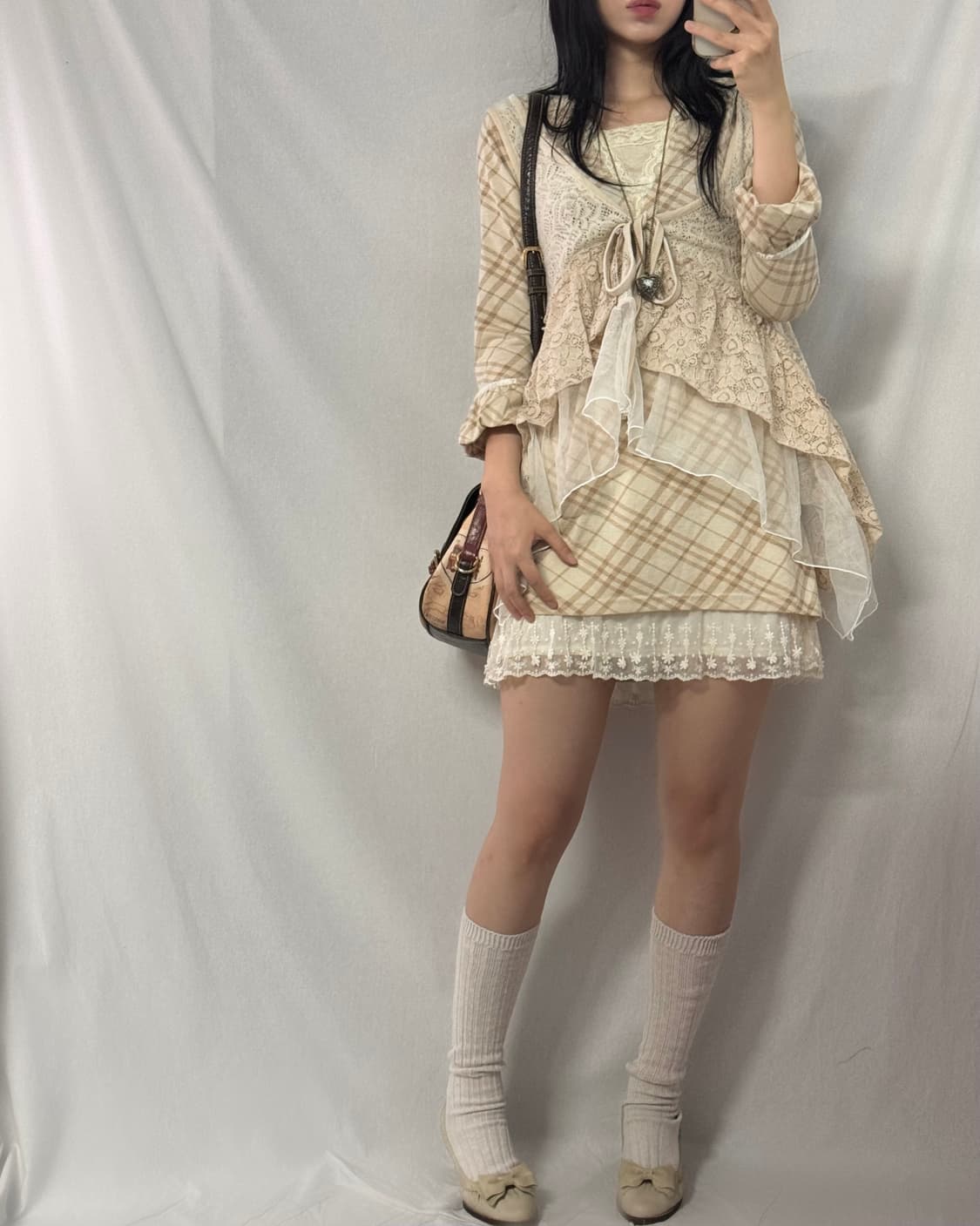 체크 패툰 레이스 레이어드 베스트 원피스 3pcs SET 상품이미지4