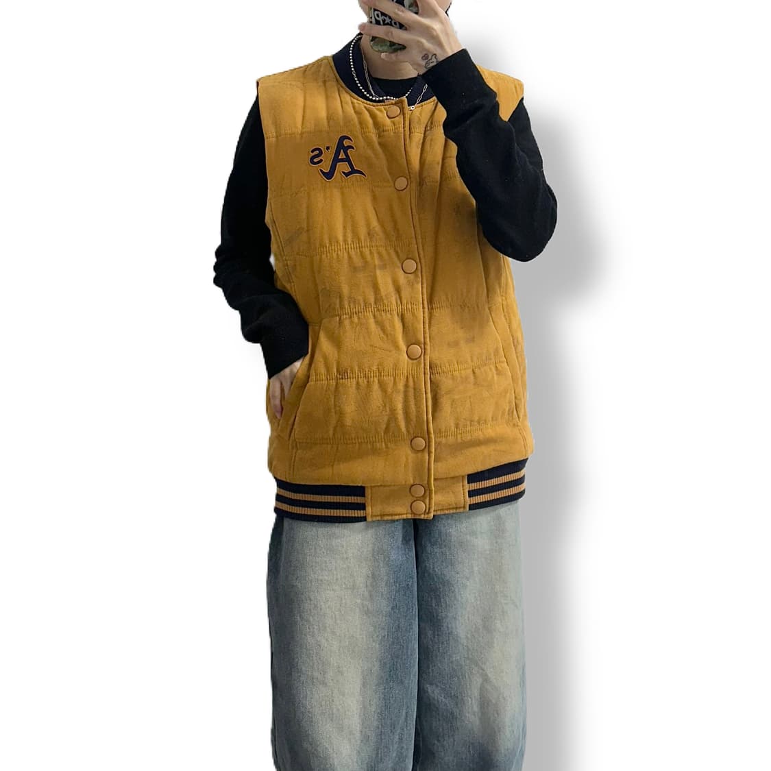 MLB 오클랜드 스웨이드 누빔 조끼 야구 자켓 상품이미지3