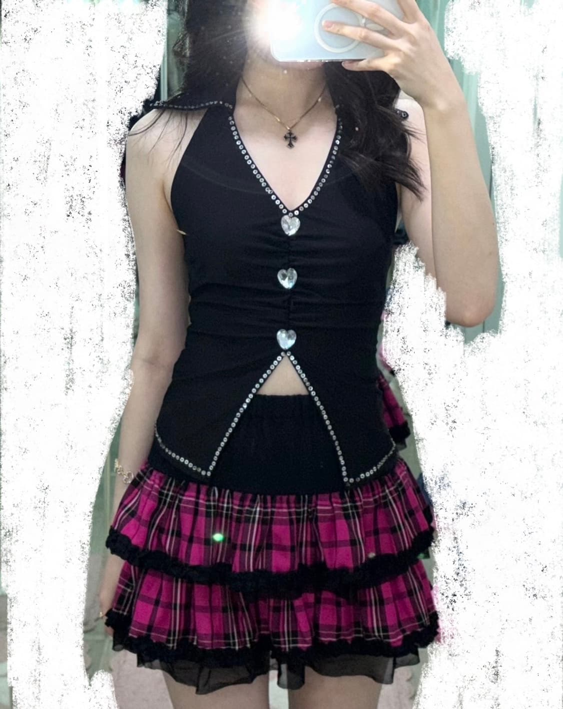일본빈티지 캐캐체깔 하트큐빅 홀터나시 타탄체크 스커트 갸루 펑크 상품이미지1