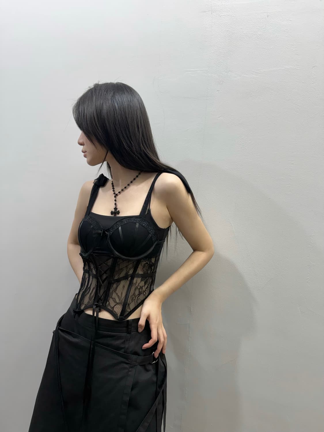 크롭 시스루 리본 코르셋 상품이미지4