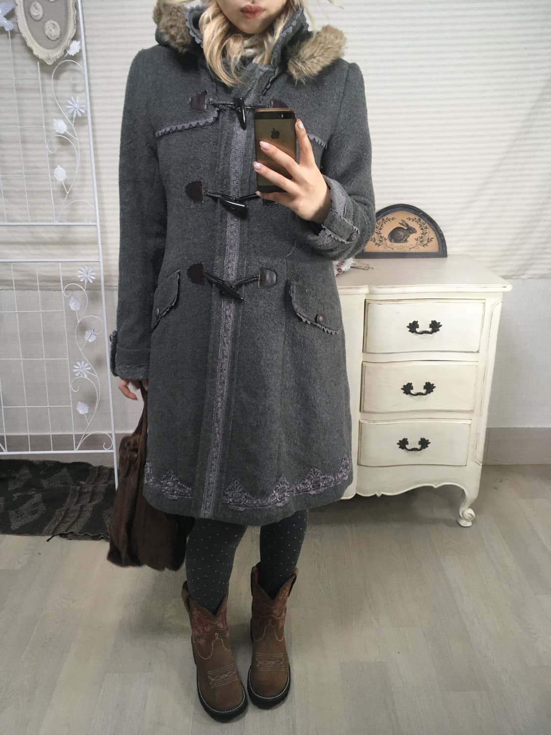 Axe Femme 후드 퍼 떡볶이 코트 그레이 상품이미지3