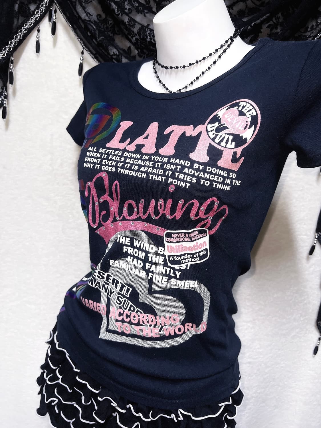 핑크라떼 헤이세이 갸루 키치 러블리 글리터 레터링 반팔탑 펑크 핀터 상품이미지8