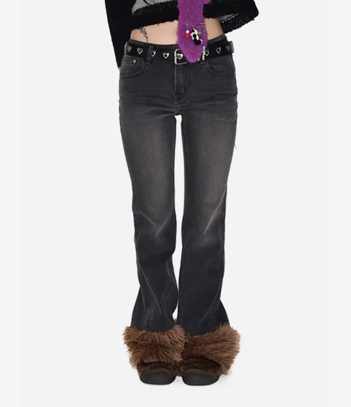 유쓰배쓰 Fur hem denim pants_black 상품이미지1