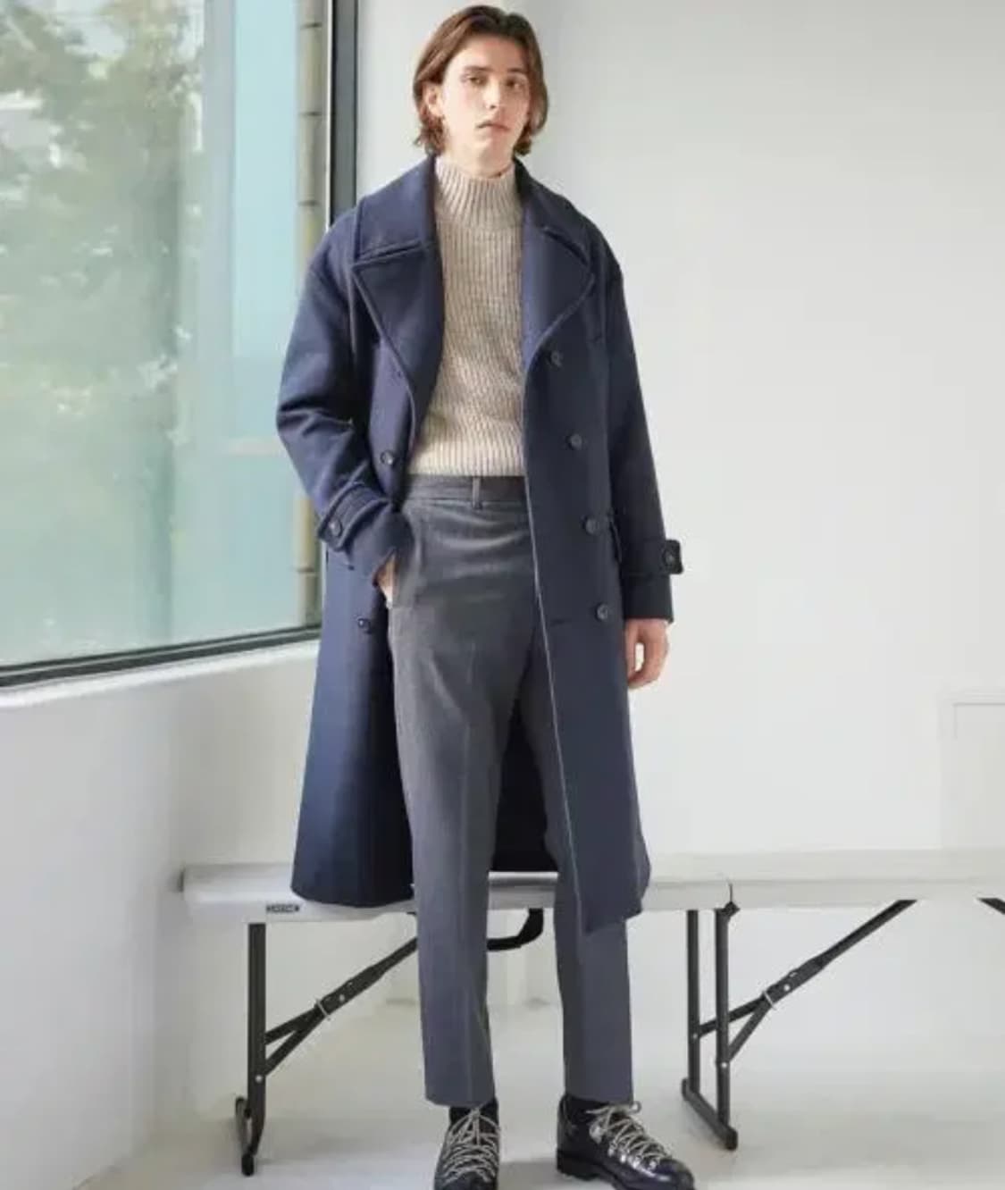 엠비오 카키 울 펠튼 오버 더블 코트 95사이즈 탭채새제품  상품이미지1