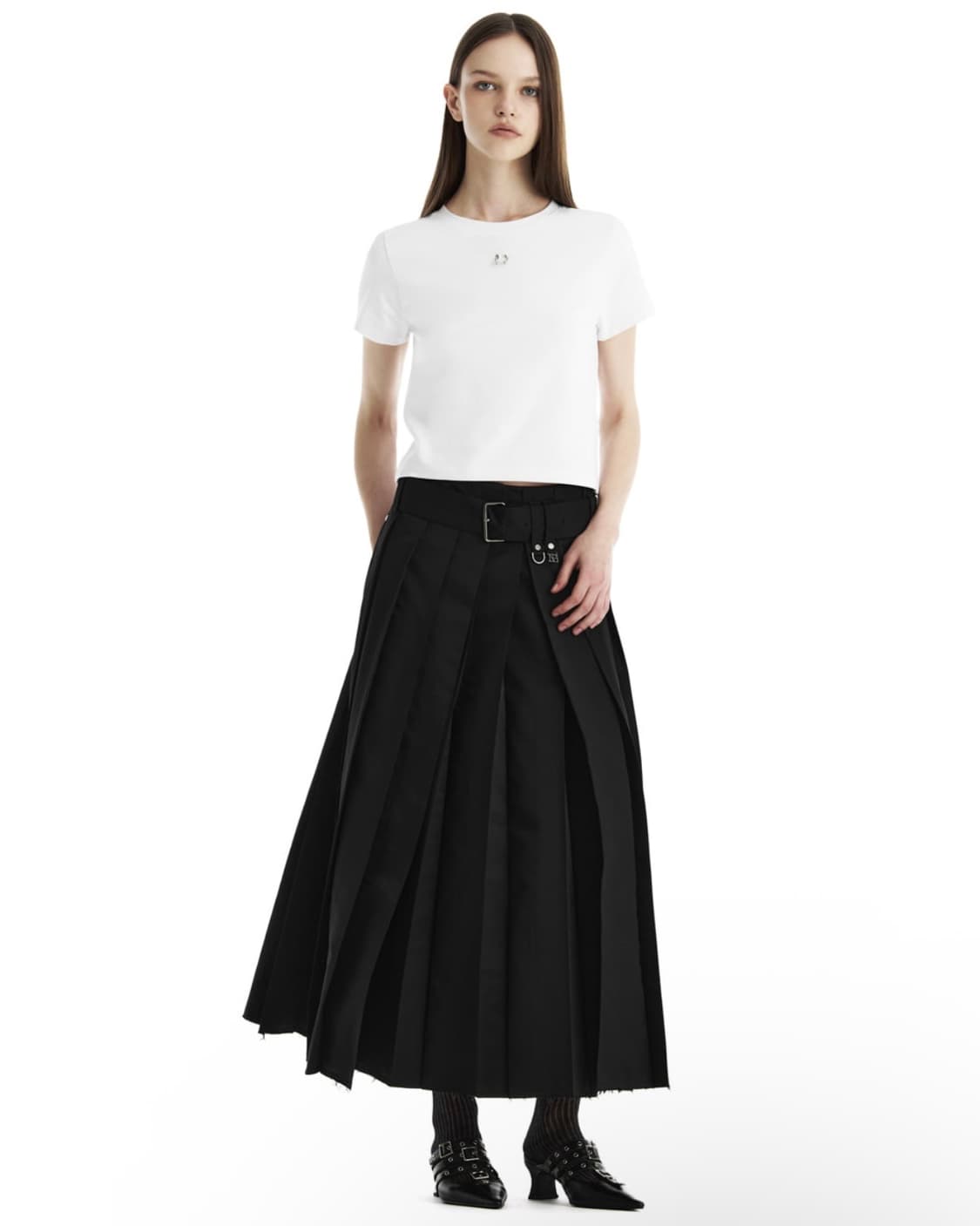 Belted Deep Pleat Skirt [Black] 상품이미지3