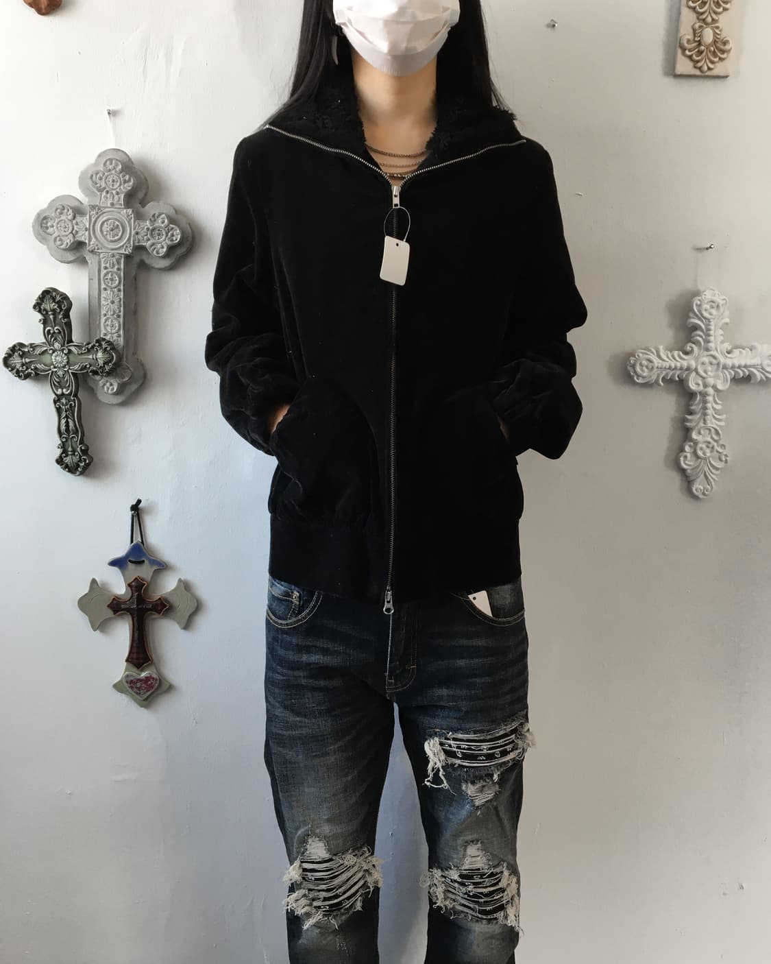 Fur collar velour zip up 상품이미지8