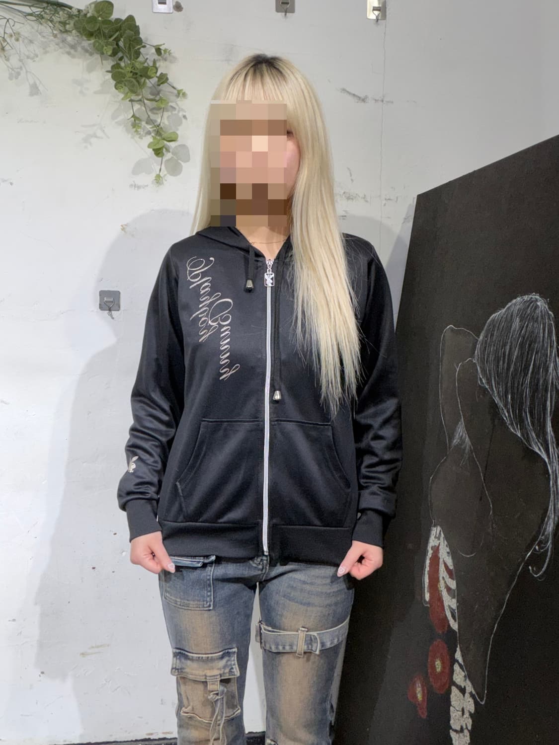 플레이보이 바니 프린팅 레터링 블랙 후드 집업 갸루 져지 L 상품이미지6