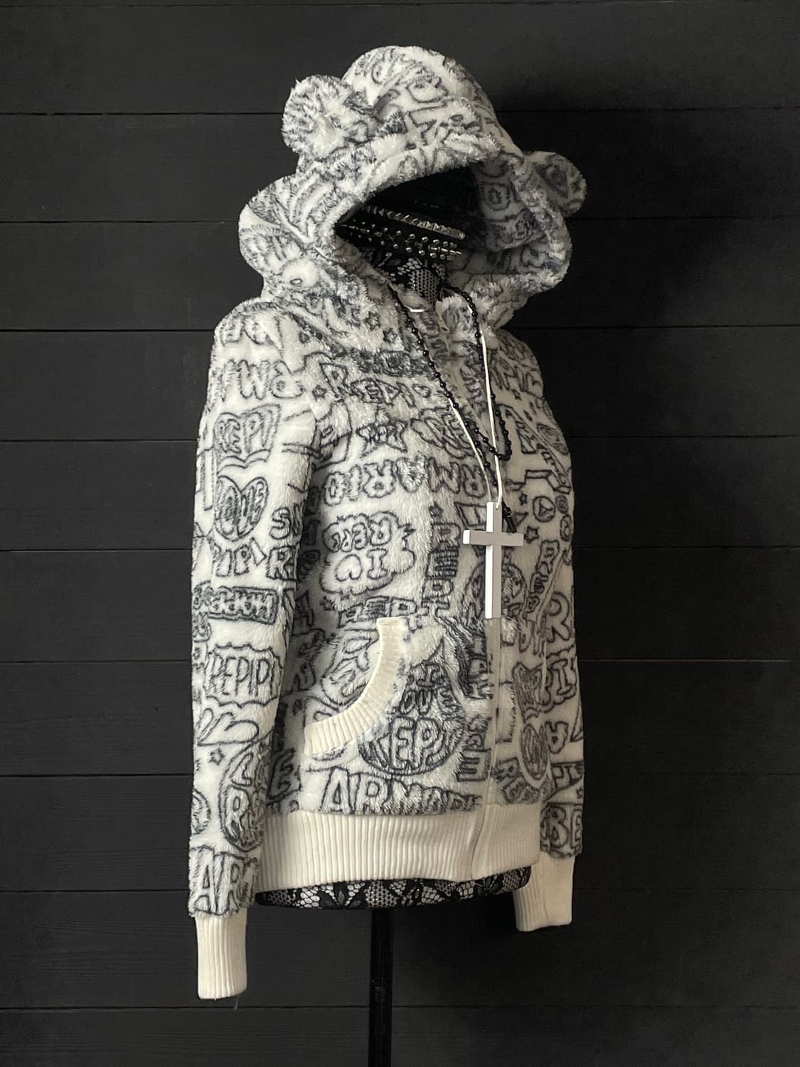 JPN 펑크 레터 퍼 아이보리 쿠마 곰 후드집업 상품이미지2