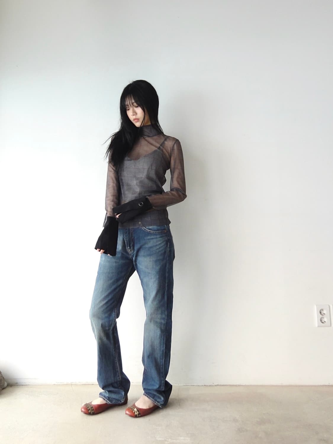 Sheer check cuffed top 상품이미지5