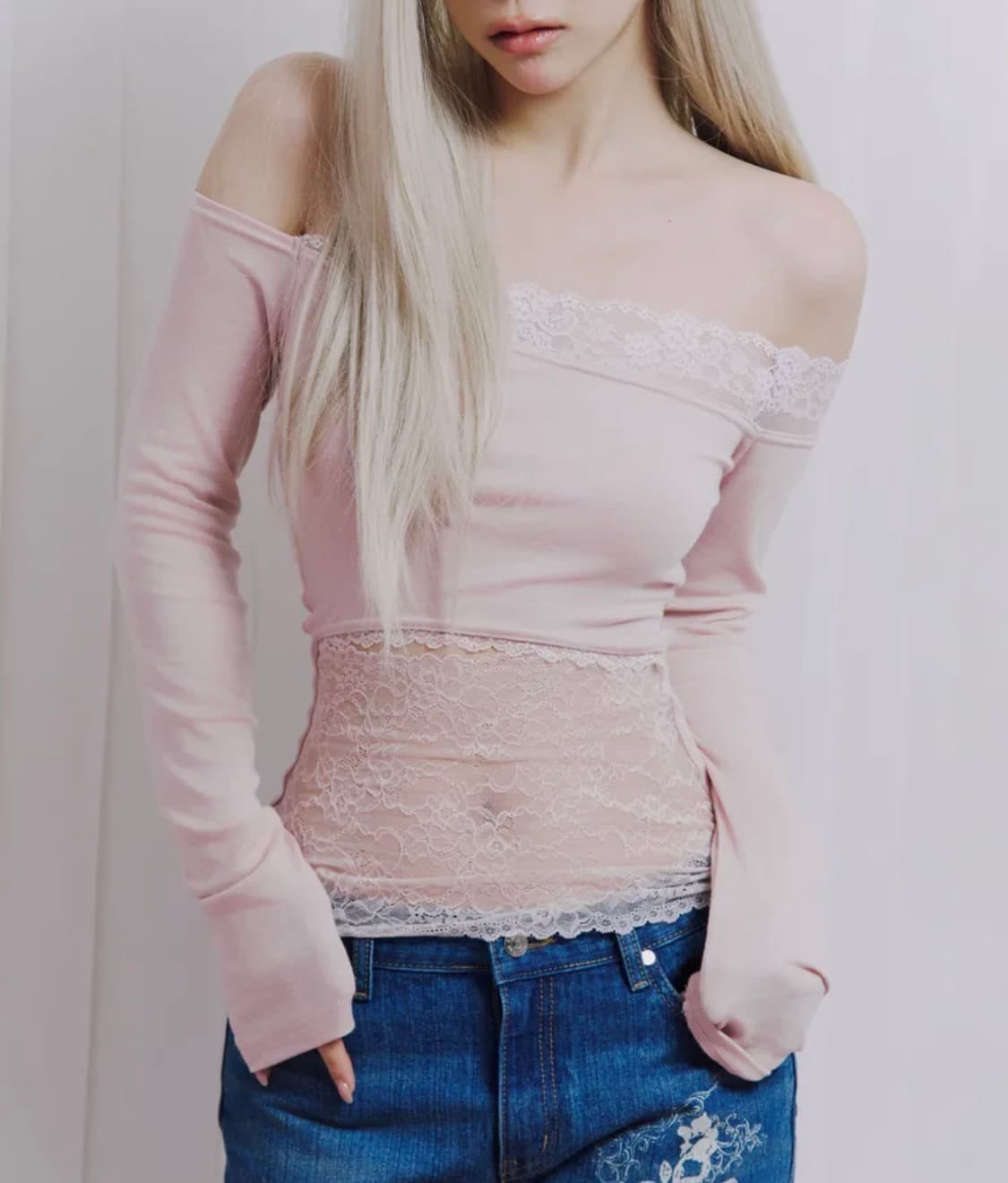 [택달린 새상품]일리오 핑크 레이스 오프숄더 롱슬리브발레코어히메갸루페어리 상품이미지4