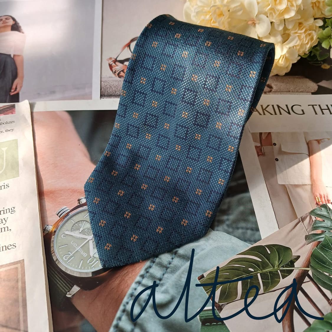 ALTEA 알테아 실크 청녹 패턴 넥타이 8.9cm A+등급 A19792 상품이미지1