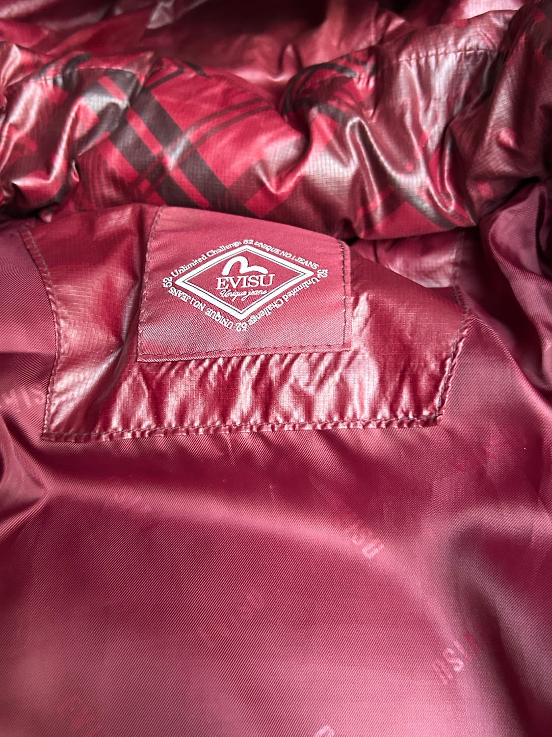 2000s evisu 락시크 체크 버건디 숏 패딩 상품이미지7