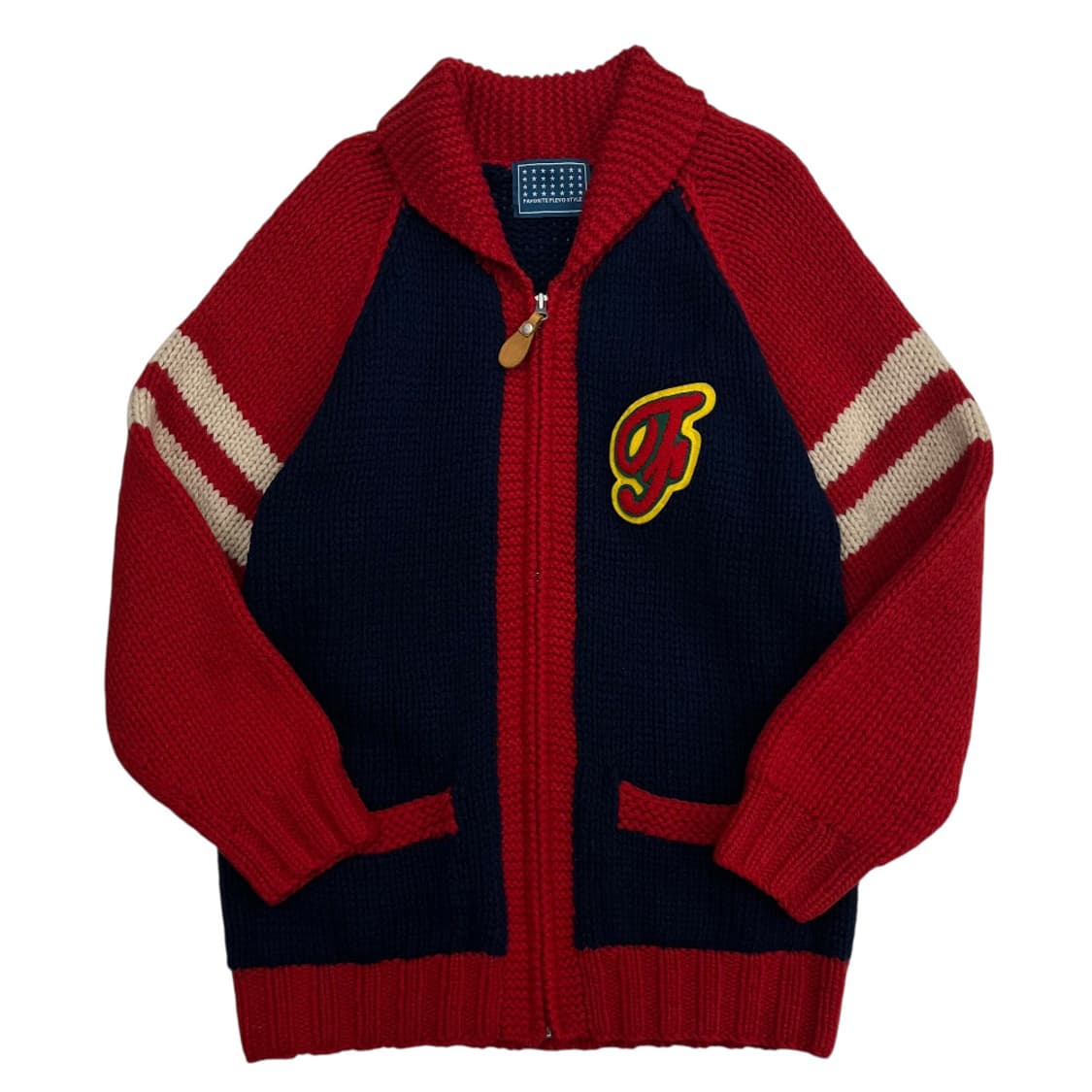 JPN VINTAGE 플레보 레드배색 헤비울 네이비 니트 집업 M 상품이미지3