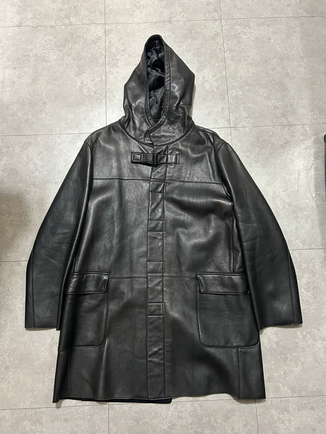  양가죽  블랙컬러 빈티지 후드 코트  110size   상품이미지2