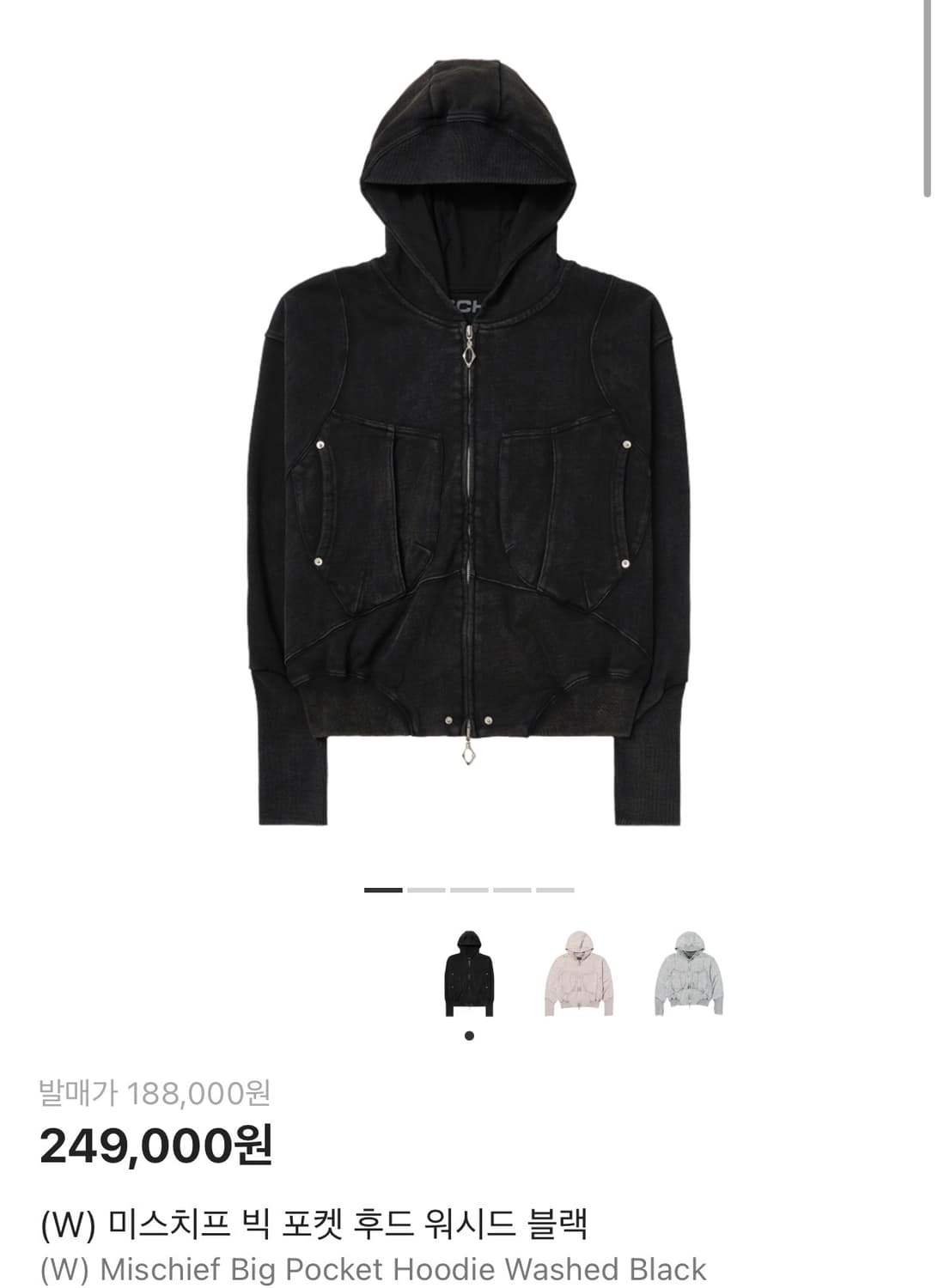 미스치프 빅포켓 후드 워시드 블랙 M 상품이미지3