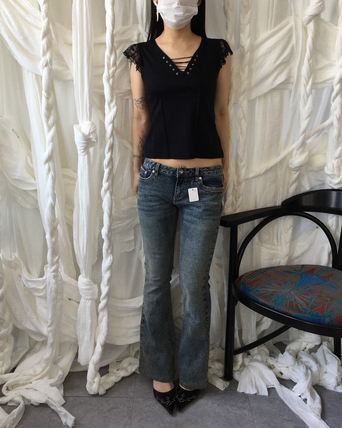 Lace sleeve point lace up t shirt 상품이미지7