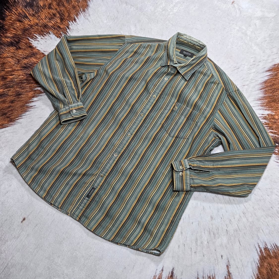 헤지스 그린 브라운 골덴 스트라이프 셔츠 상품이미지1