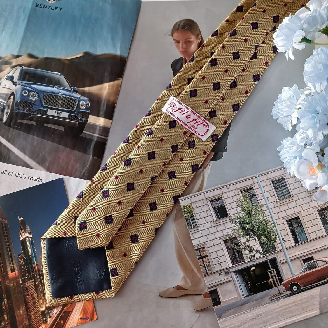 필아필 실크 골드 패턴 넥타이 9.2cm A+등급 A19343 상품이미지4