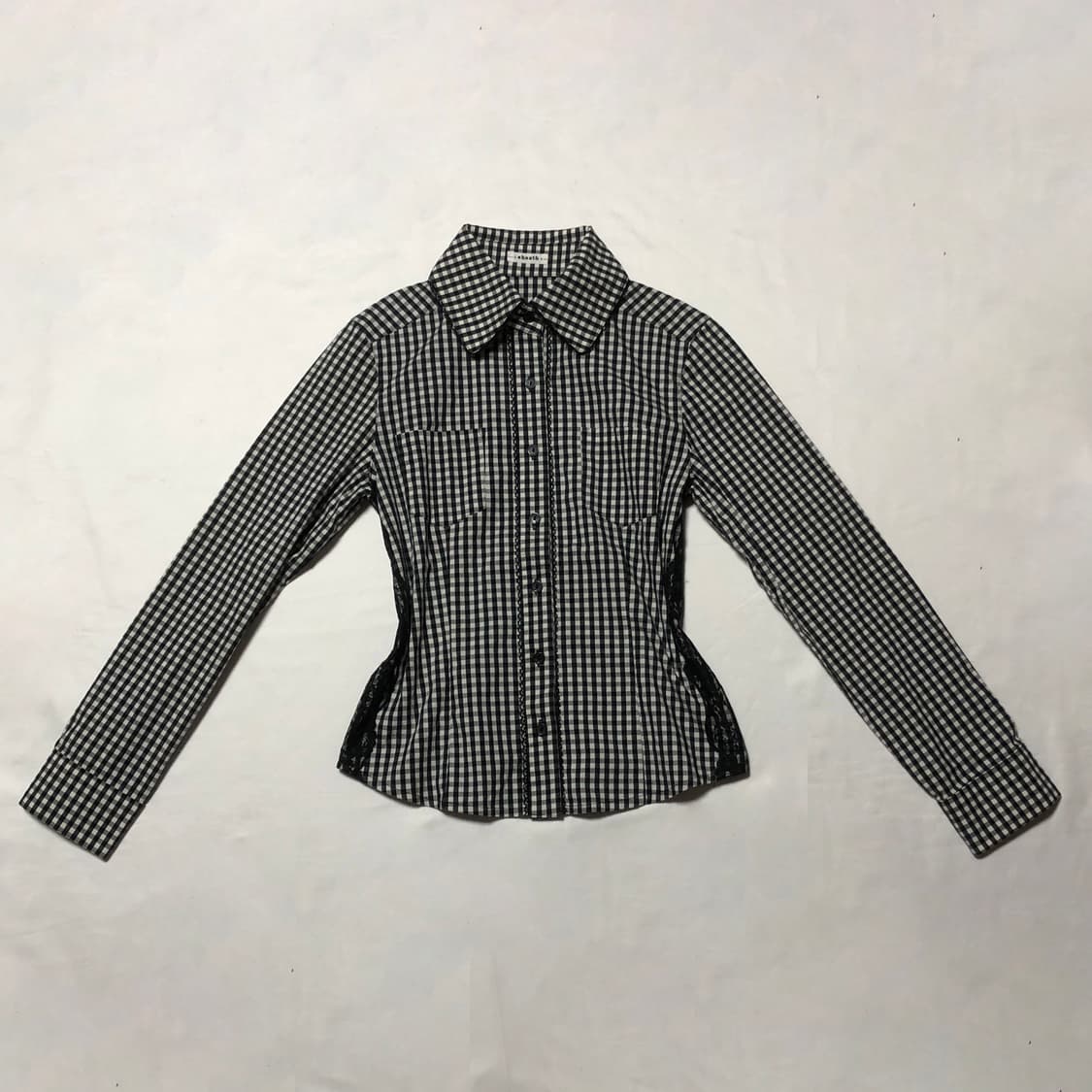 레이스 깅엄 체크 셔츠 블라우스 블랙 상품이미지1
