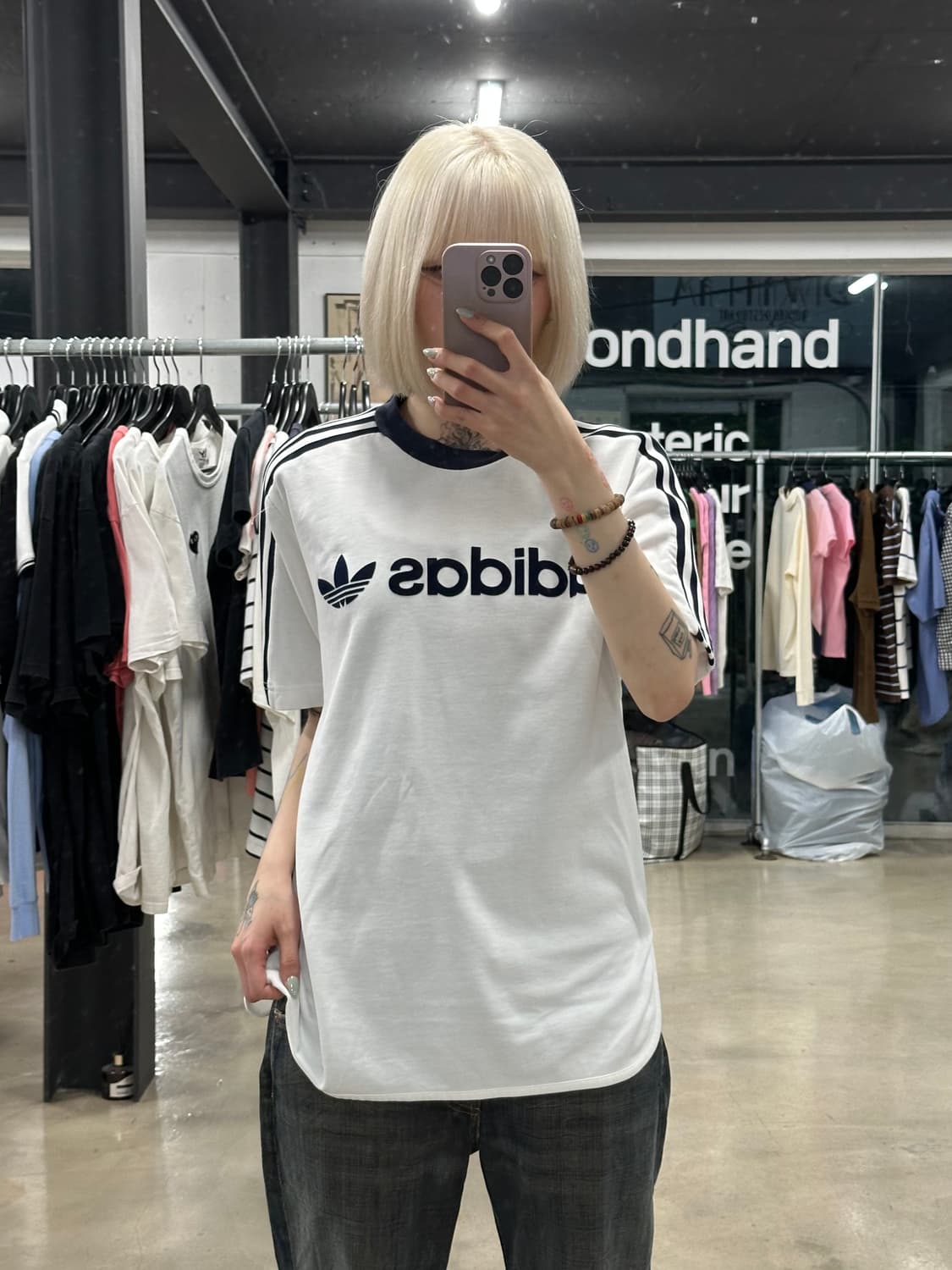 아디다스 화이트 앤 네이비 링거 반팔 티셔츠 상품이미지1