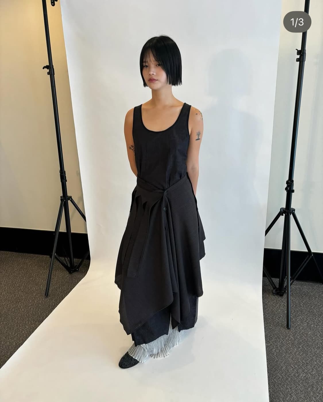 FRINGE STRIPED BUTTON SKIRT (BLACK) 상품이미지1