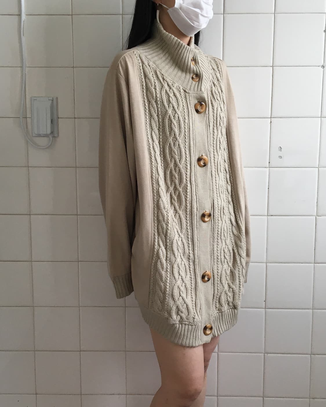 Cable pattern high neck knit cardigan 상품이미지7
