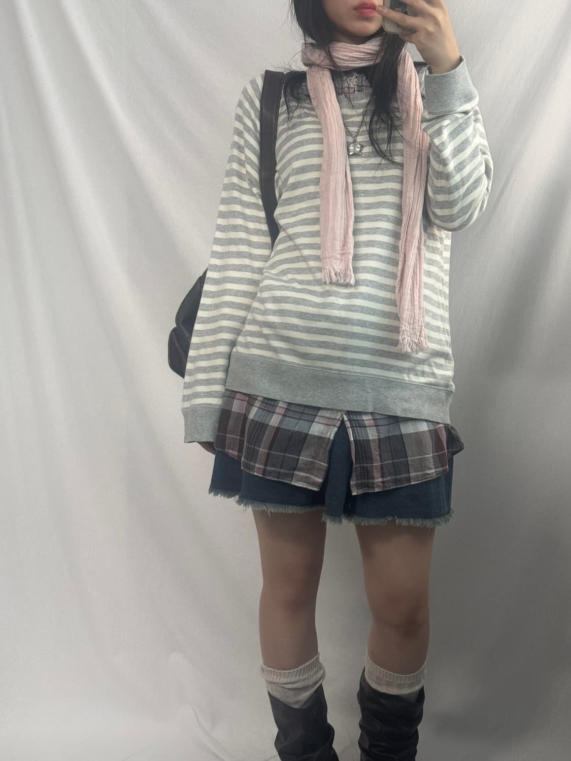 버튼 숄더 디테일 체크 셔츠 원피스 데님 스커트 3pcs SET 상품이미지2