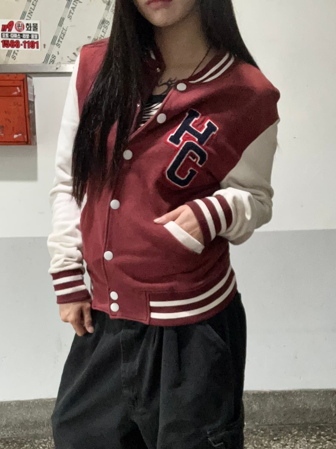 90s 올드스쿨 버건디 스웻 바시티 자켓 상품이미지3