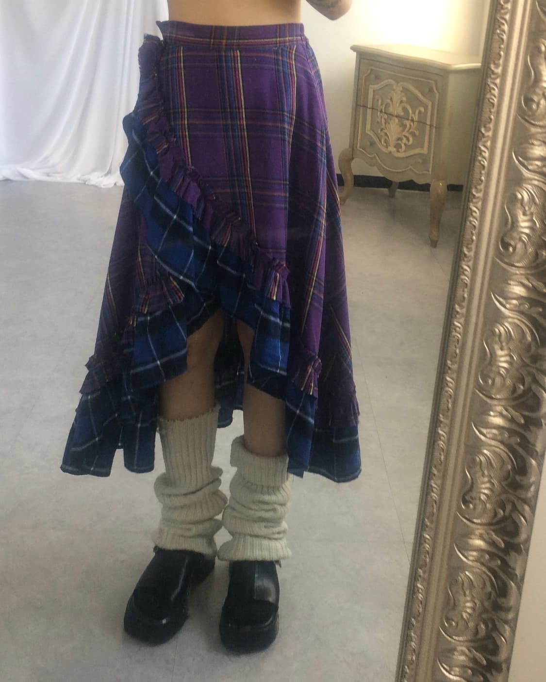 Check pattern frill unbalanced wrap skir 상품이미지5