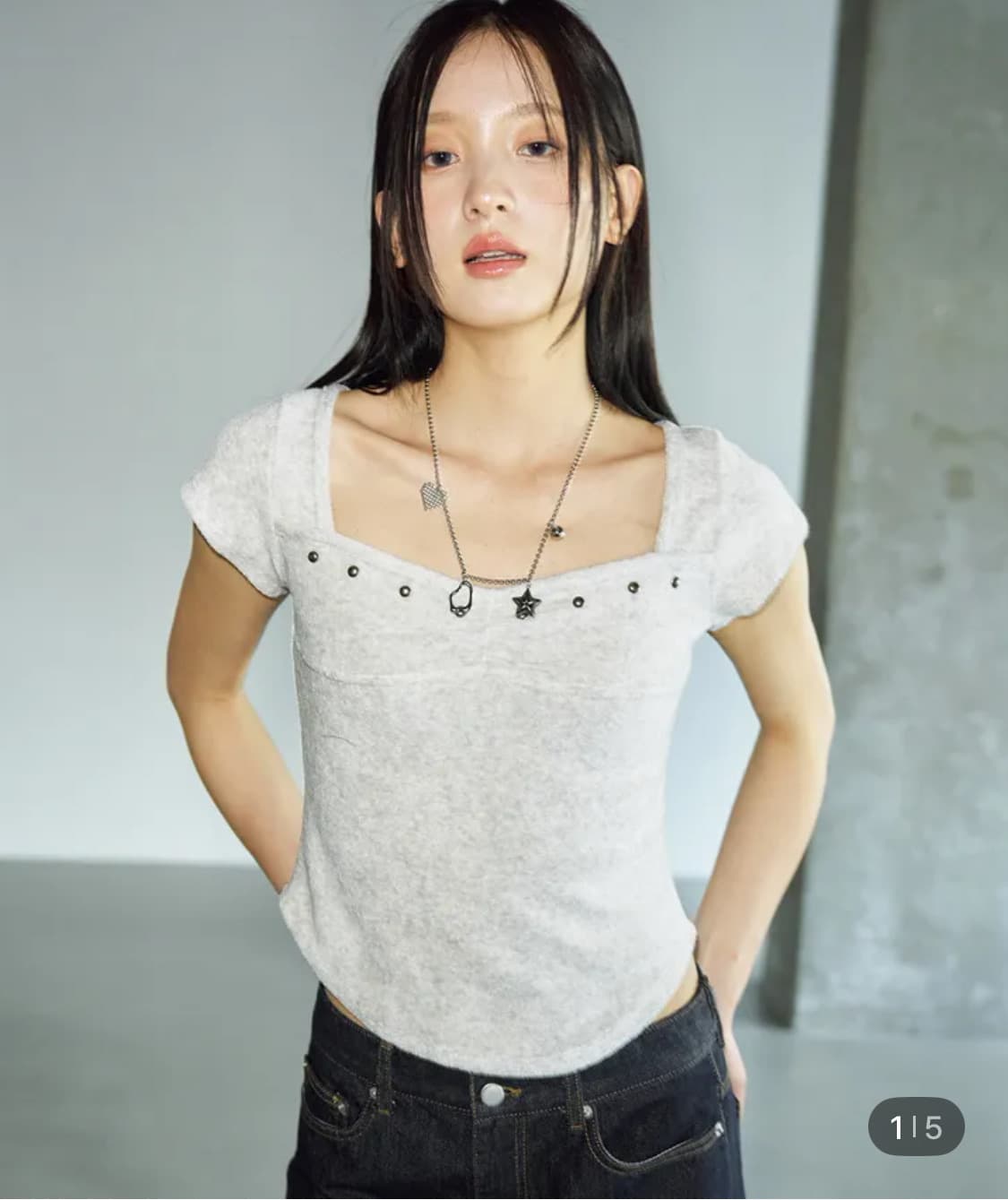 헬레네파리스 테리 스터드 스퀘어 하프 티셔츠 오트밀 상품이미지1