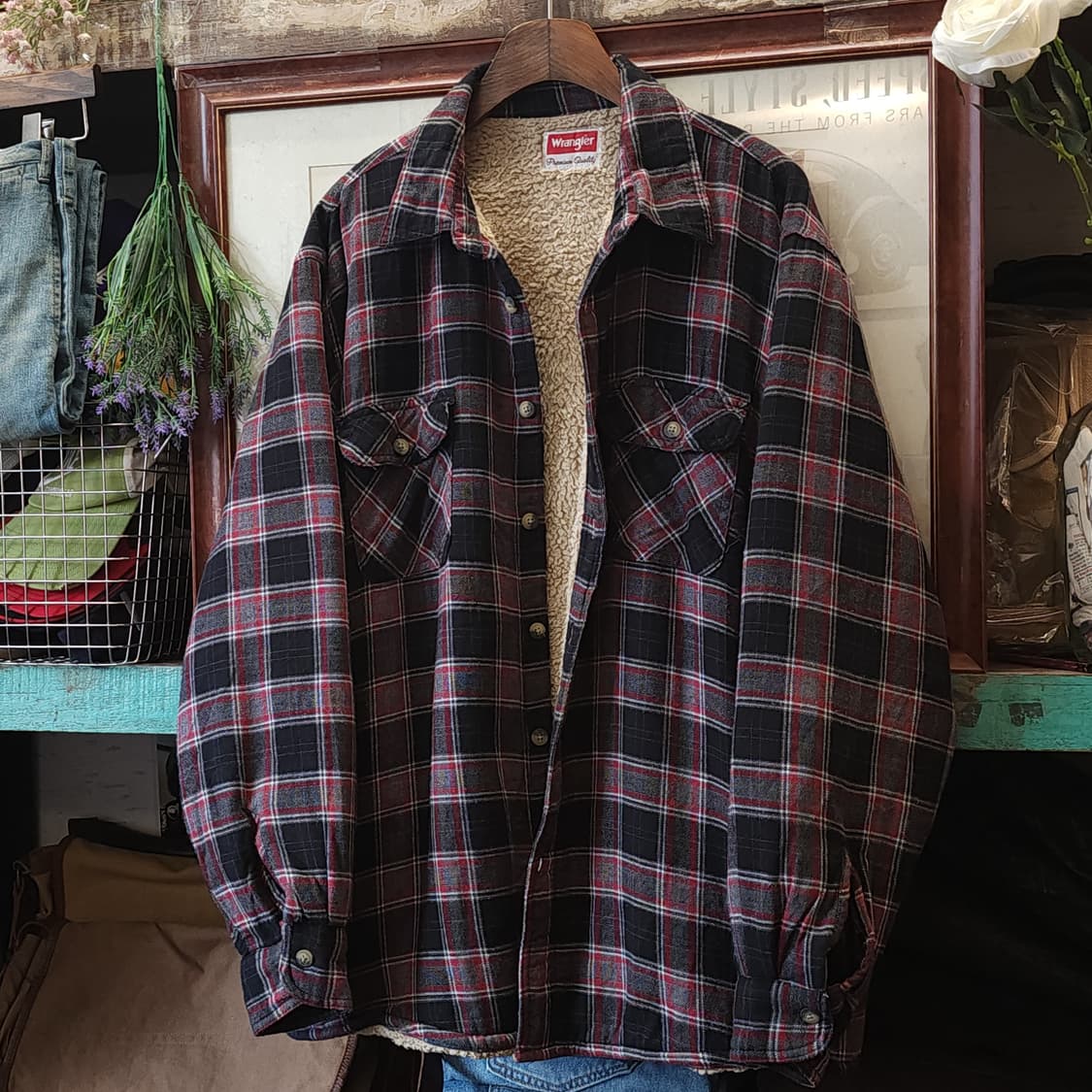 00s 랭글러 웨스턴 셔츠 플란넬 체크셔츠 쉐르파 양털 자켓 레드 xl 상품이미지4