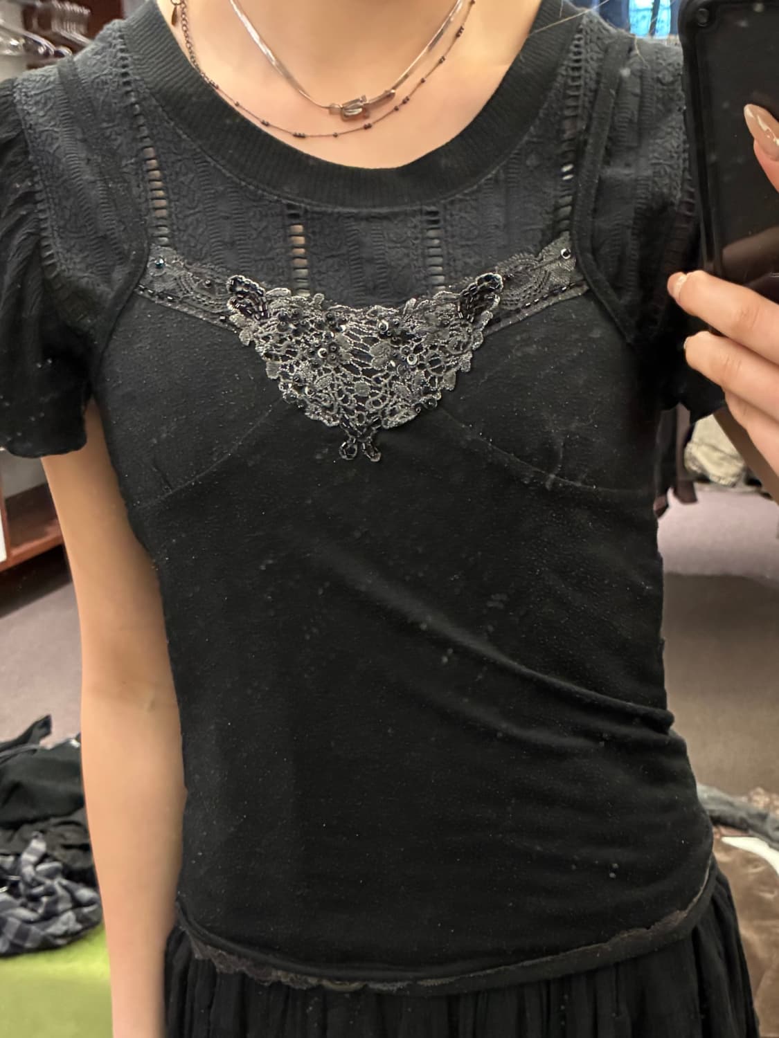 F)Japanese vintage 여성 비즈 자수 검정 슬리브리스(찢어짐 상품이미지1