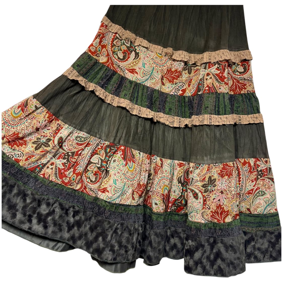 3656 카키 스웨이드 벨벳 플라워 패치워크스커트 상품이미지3