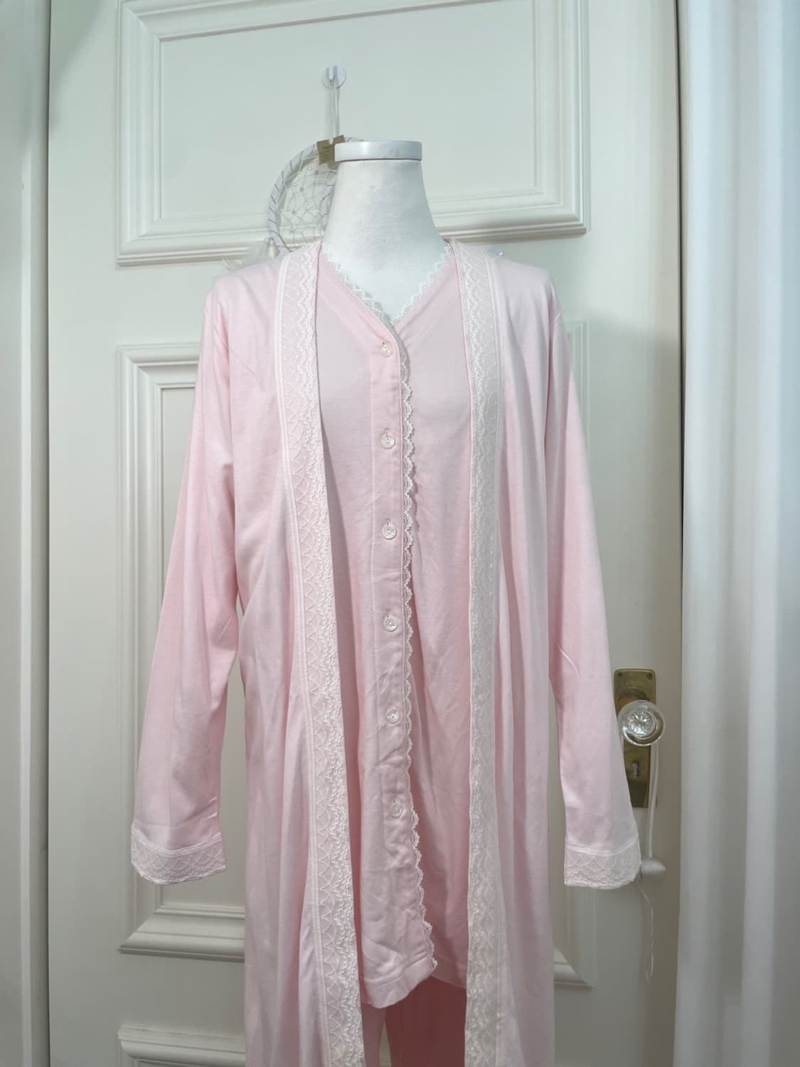 pink cotton lace point 3pcs pajama set 상품이미지5