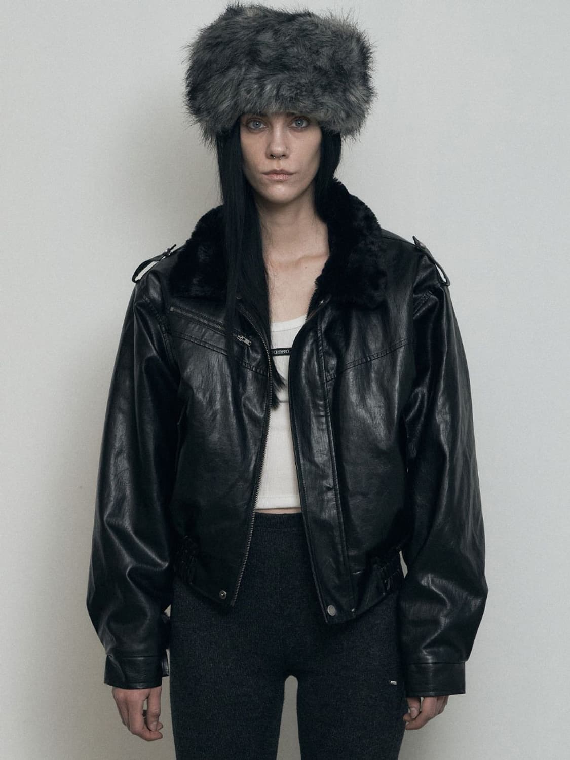 보헤미안 서울 크링클 레더 퍼 블루종 점퍼 블랙 상품이미지3