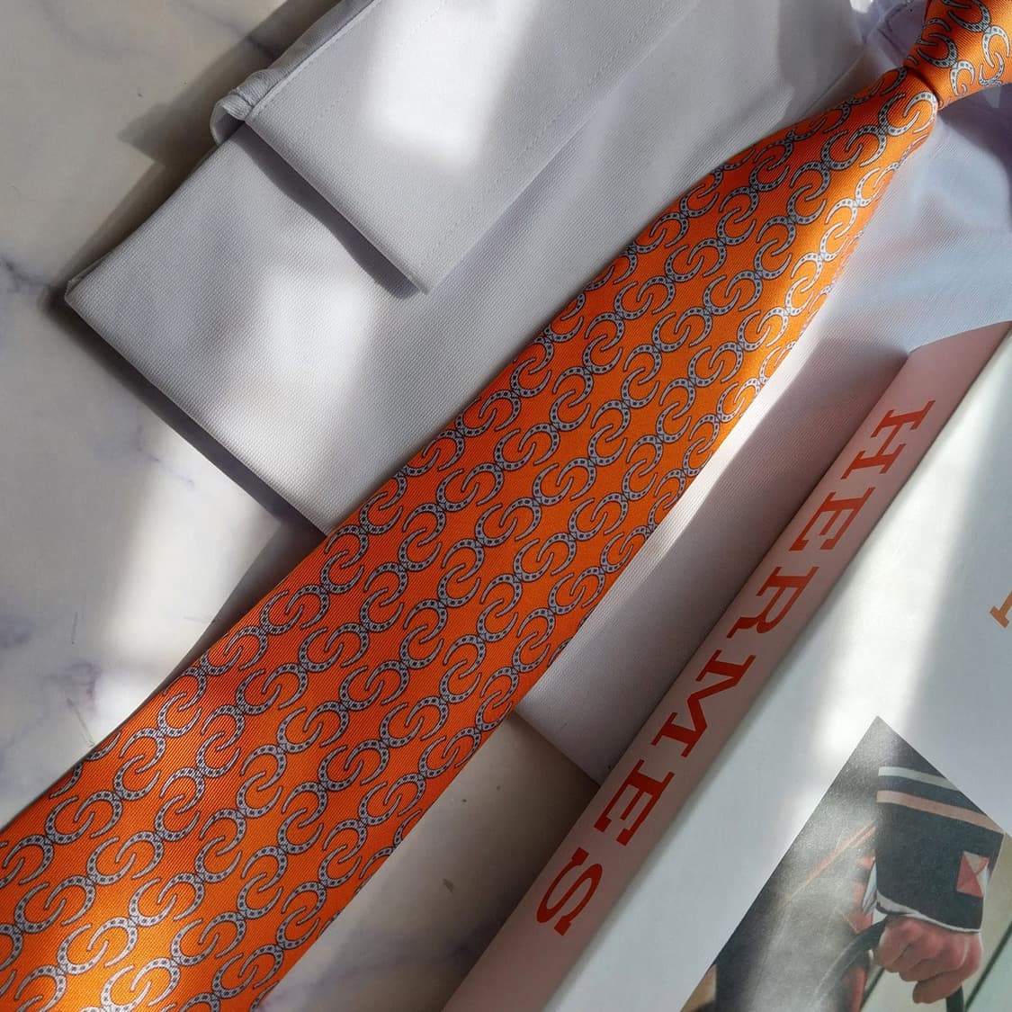 에르메스 오렌지 말발굽 자카드 넥타이 9.3cm A+등급 K2537 상품이미지5