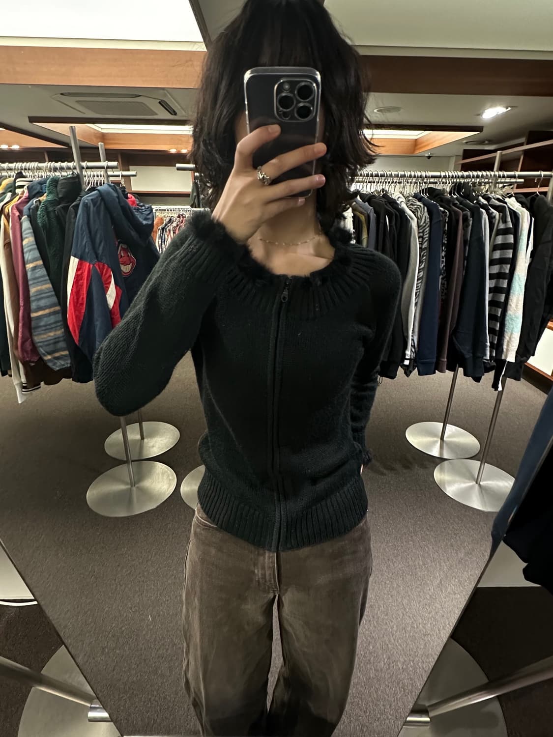 L)일본 빈티지 여성 블랙 퍼 니트 집업 가디건 상품이미지1